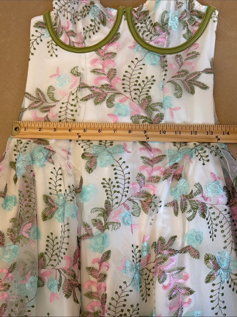 White Floral Embroidered Sundress with Green Trim - Picture 6 of 7
